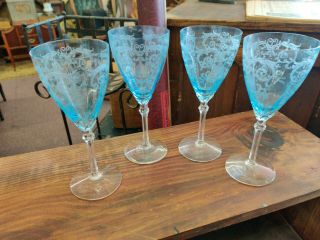 Set Of 4 Vintage Fostoria Etched Crystal Wine Goblets Blue 8 1/8 "