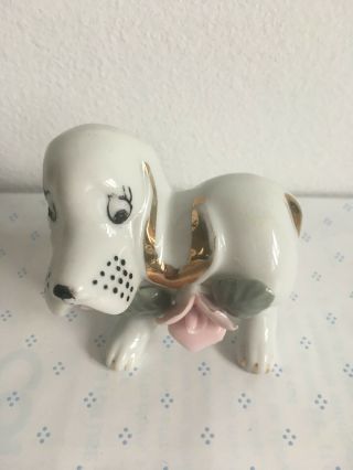 Vintage 3 " Hound Dog Figurine Japan Porcelain Bone China Gold Trim & Pink Rose