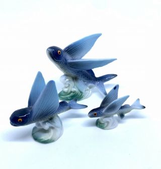Vintage Flying Fish Set Of 3 Miniature Bone China Figurines Bradley Japan