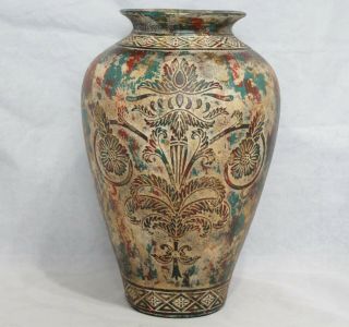 Large Vintage Multi - Coloured Pottery Vase With Floral Relief Decor