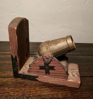 Vintage Brass (?) And Wood Decorative Cannon Bookend With Metal Accents Unique
