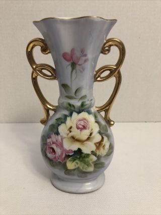 Vintage Norleans Vase Ceramic Hand Painted Rose Gold Handled Large 8 1/4” Japan