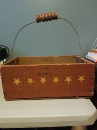 Vintage Primitive Wood Box With Bail And Wood Handle 11 X 7 X 4 1/2 "