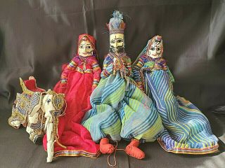Rajasthani India Folk Art - Man,  2 Women & Elephant - Wood & Silk Marionettes