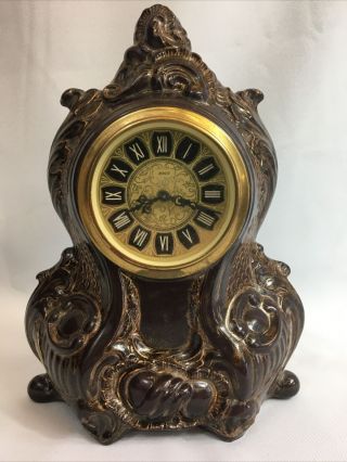 1978 Vintage Duncan Enterprises Ceramic Mantel Clock Decor Brown With Gold Look