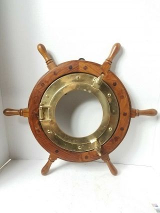 Wood Ship Wheel W/ Brass Porthole Center Nautical Wall Decor / Mirror 18 "