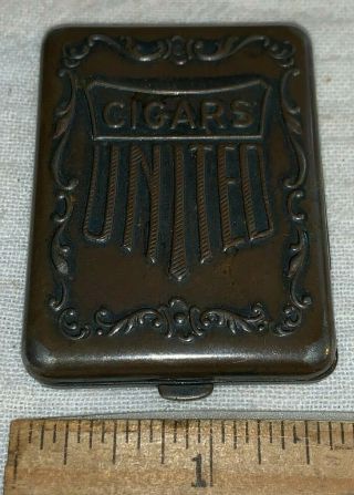 Antique United Cigars Embossed Tin Pocket Match Holder Safe Vesta Tobacco Old