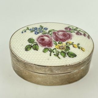 Vintage Sterling Silver Oval Trinket Box Floral Porcelain Inset Top Cj Vander