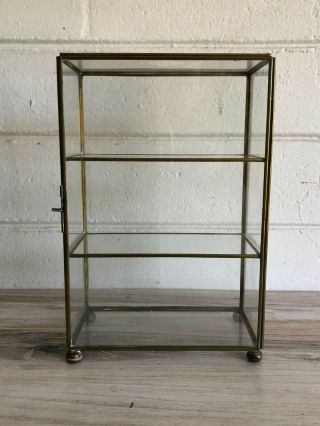 Vintage Etched Glass Brass Framed Jewelry Display Box Shelves Hinged Door