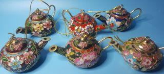 Set Of 6 Cloisonne Enamel Teapots Christmas Ornaments Copper Inlays