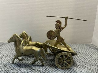 Vintage 1960s Brass Roman Gladiator Warrior On Horse Drawn Chariot Figurine