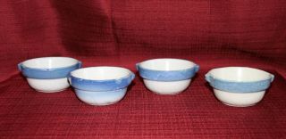 Set Of 4 Old Antique Small Miniature Stoneware Pinch Bowls Blue Stripe Glazed