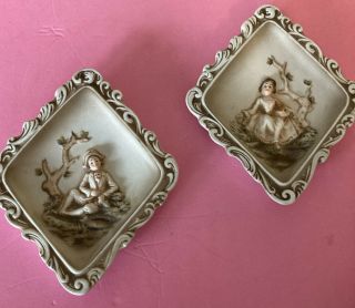2 Vintage Lefton China Wall Plaques Colonial Boy And Girl,  Diamond Shape