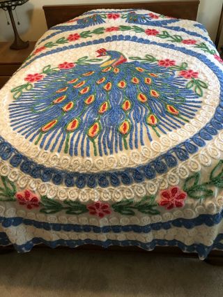 Vintage Chenille Peacock Bedspread - Full/queen -