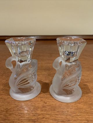 Vintage Pair Swan Shaped Crystal Candle Holders 4 " Tall Frosted Hollow Bases