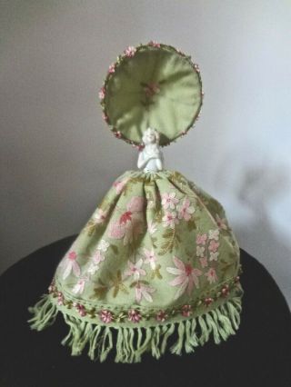 Vintage Porcelain Cabinet Half Doll Figurine W/ Canopy Embroidered Floral Gown