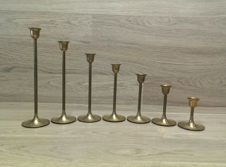 Vintage Set Of 7 Solid Brass Thin Graduated Candlestick Candle Holders Taiwan T3
