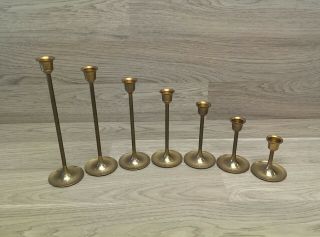 Vintage Set of 7 Solid Brass Thin Graduated Candlestick Candle Holders Taiwan T3 2