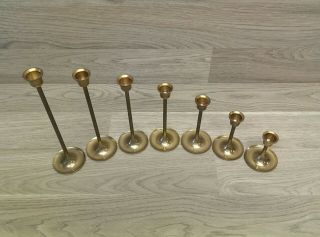 Vintage Set of 7 Solid Brass Thin Graduated Candlestick Candle Holders Taiwan T3 3
