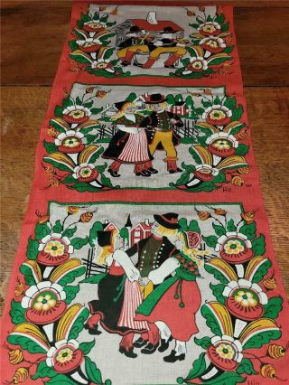 Vintage Swedish Printed Fabric Wall Hanging Folk Art Couple Dancers Music Floral