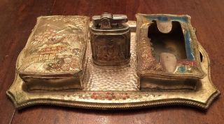 Vintage Mid Century Japan Metal Smoking Set • Tray Lighter Ashtray Cigarette Box
