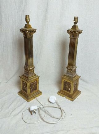 Vintage Large Brass Fluted Corinthian Column Table Lamps