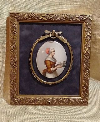 Hand Painted Oval Porcelain Portrait Wall Plaque Mounted In Frame