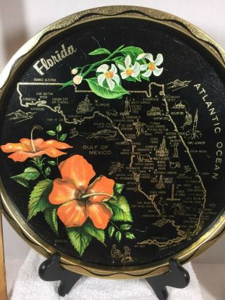 Vintage Round Black & Gold - Florida State Souvenir - Tin Tray Plate 11 " D