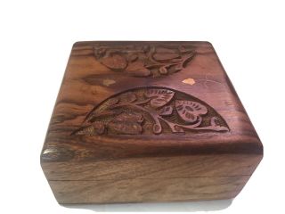 Vintage Wood Hand Carved Trinket Jewelry Box With Hinged Lid