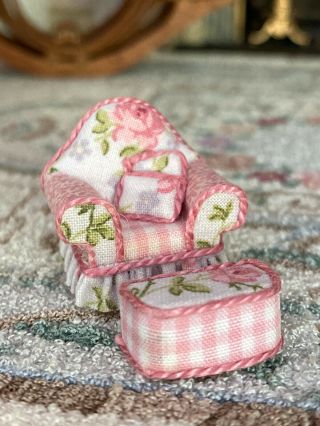 Vintage Artisan Miniature Dollhouse 1:48 Pink Chair Ottoman Joanne Whisenhunt