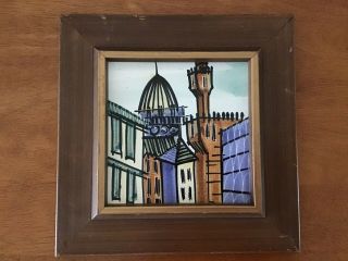 Vintage Harris G.  Strong High Fired Hand Painted Ceramic Tile 73 Wood Frame