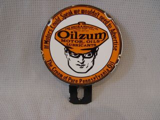 Vintage Oilzum Motor Oil 2 - Piece Porcelain Advertising License Plate Topper