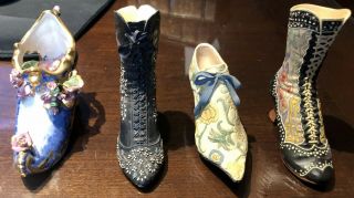 Set Of 4: Miniature Victorian Resin Ceramic Shoes And Boot