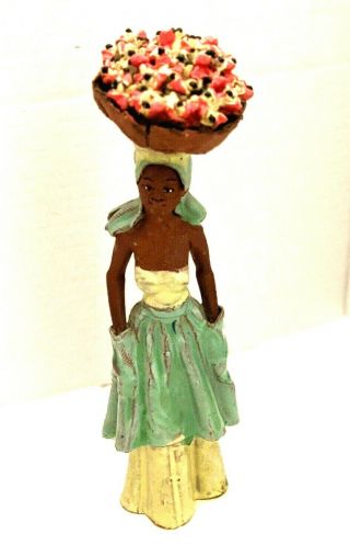 Vintage Jamaica Art Pottery Red Clay Woman Figurine W/fruit Basket On Head