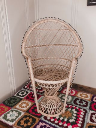 Vintage 16 " Mini Peacock Wicker Rattan Chair Plant Stand Boho