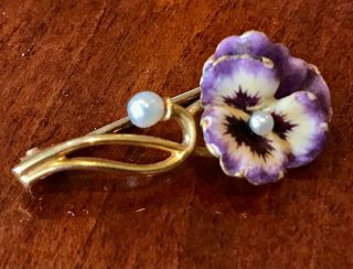 Antique Victorian 14k Yellow Gold Hand Painted Enamel Pansy Floral Pin/ Brooch
