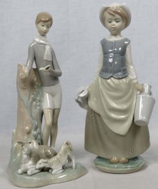 Lot 2 Vintage Lladro Spain Figurines Milk Maid Girl W/cans 4939 Boy W/lambs 4509