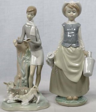 Lot 2 Vintage Lladro Spain Figurines Milk Maid Girl w/Cans 4939 Boy w/Lambs 4509 2