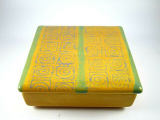 Vintage Ceramic Yellow Blue Green Square Trinket Box 5 " Bottom Marked D 4