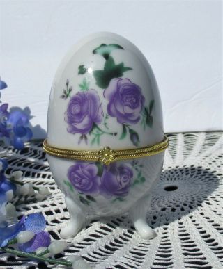 Vintage Porcelain Egg Box Pale Purple Roses 4 " Gift Keepsake Trinket Ring Box