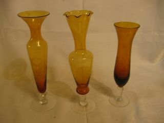 3 Vintage Amber Glass Etched Bud Vases Floral Flower Vase