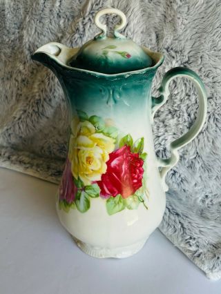 Vintage White Porcelain Pitcher With Lid Floral Roses 10 " Blue Red Yellow Green