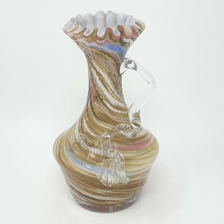 Antique Hand Blown Spatter Swirl Art Glass Vase Pitcher Eod Applied Glass Handle
