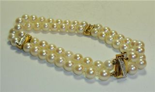 Fabulous Vintage 14k Gold 585 Diamond Spacer Double Strand Pearl Bracelet 7