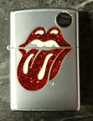 Vintage Retired Unstruck Zippo Lighter 2006 The Rolling Stones Glittered Logo