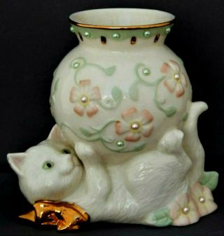 Vintage Lenox Cat Kitten Kitty Ceramic Porcelain Vase Figurine Pearls Flowers