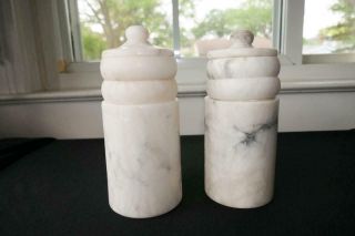 2 Vintage Marble Alabaster Stone Cylinder Cigarette Vanity Trinket Boxes