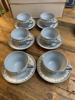 Six Vintage Wedgwood Embossed Queensware Footed Tea Cup & Saucer Blue And White