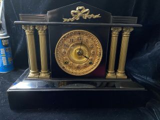 Antique 1882 Ansonia Ny Cast Iron Mantel Clock Large Tin Face Brass Column