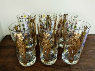 6 Vintage Culver Mardi Gras Highball Jeweled Jester Glasses Barware Mid Century